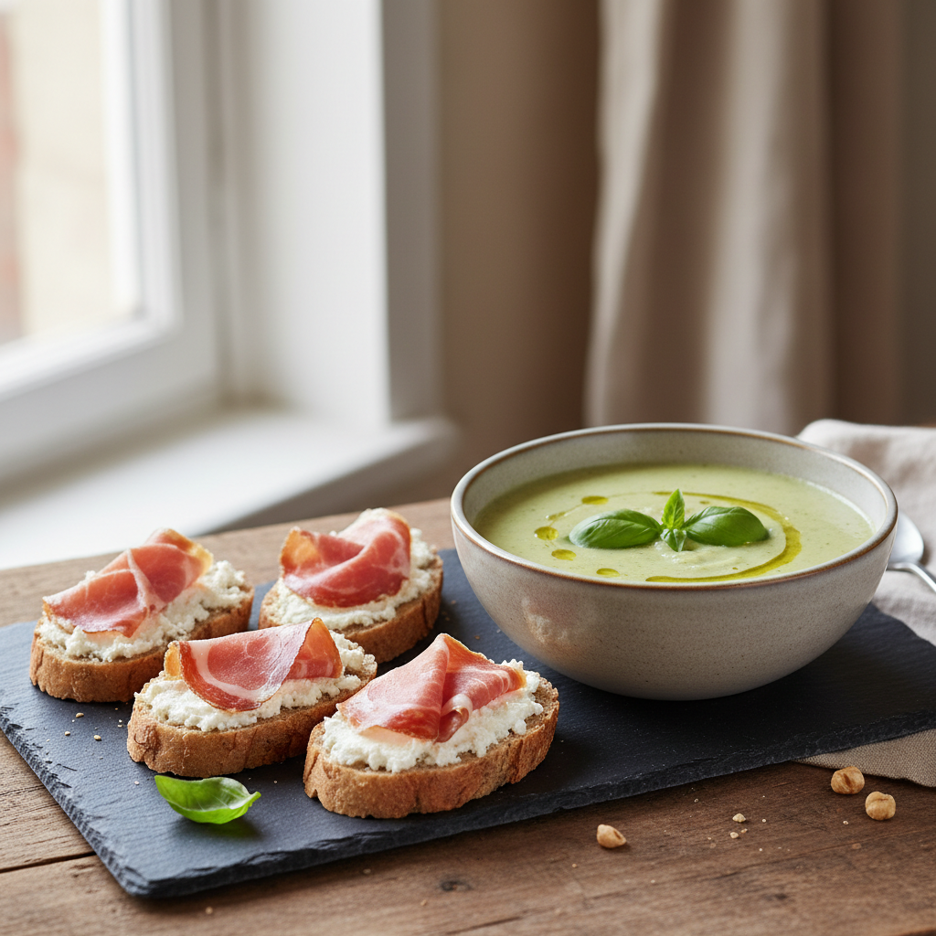 Crème de courgettes, tartines au speck