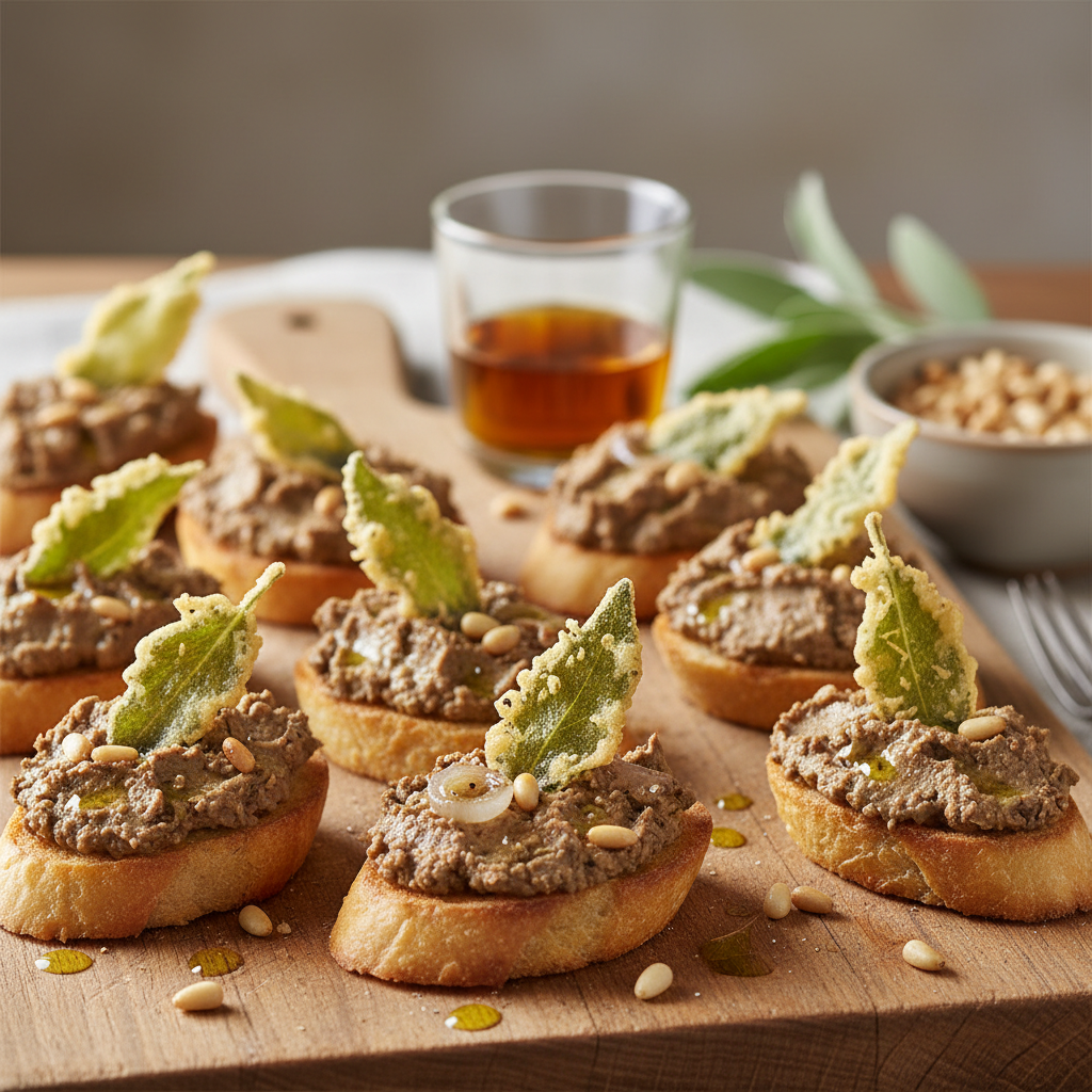 Crostini à la crème de foies de volaille, Vin Santo et tempura de sauge