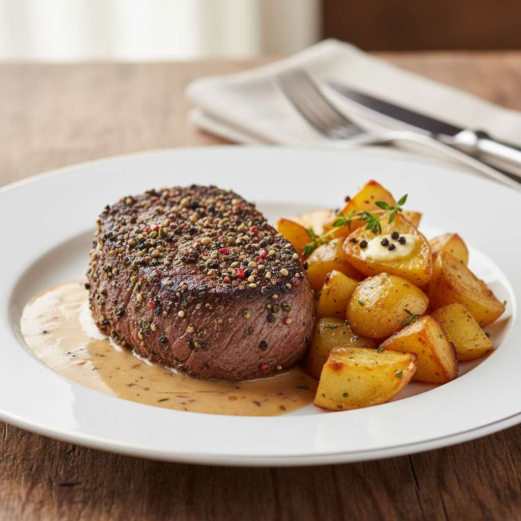 Filet de boeuf aux poivres, pommes sautées à cru