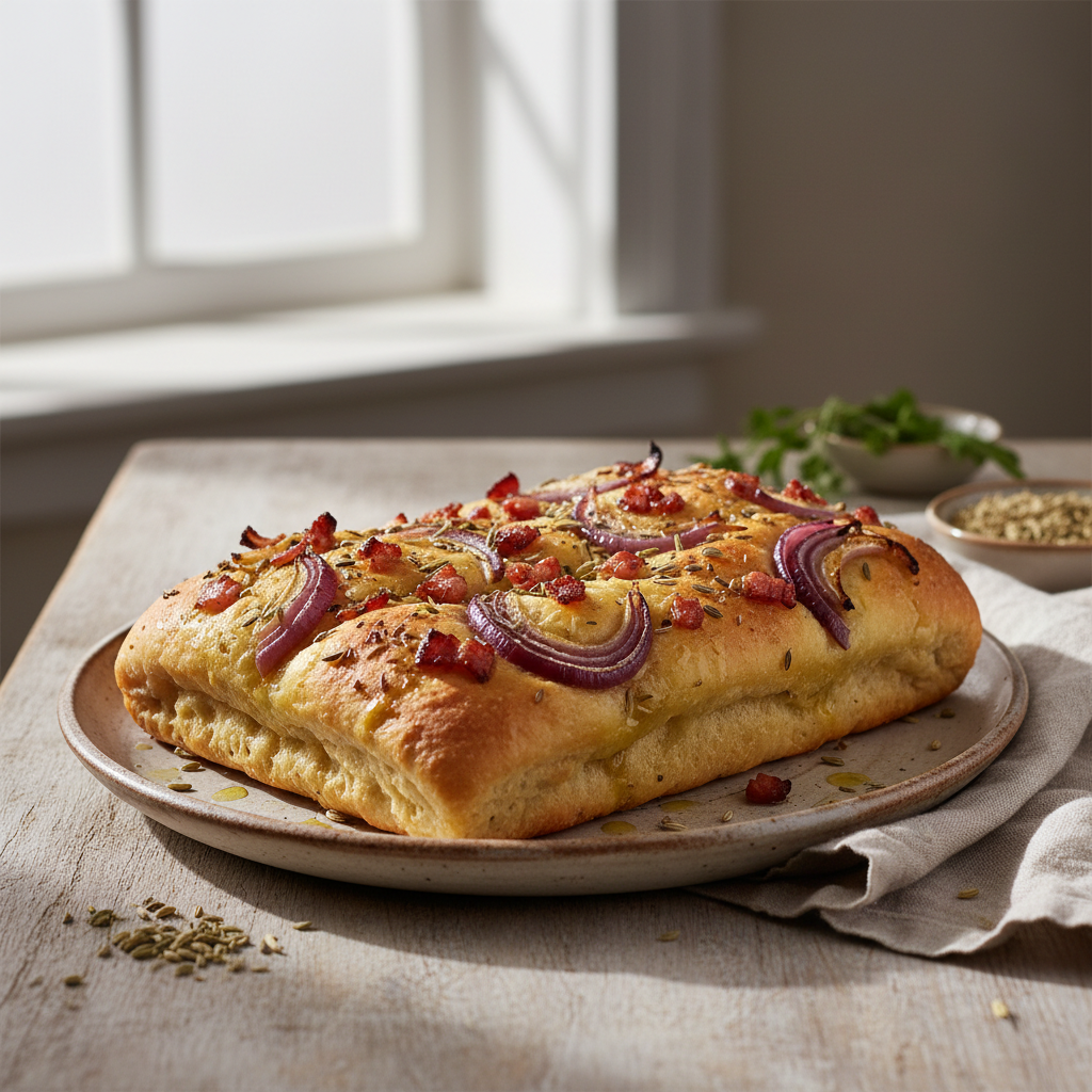 Focaccia aux oignons rouges rôtis, pancetta et fenouil