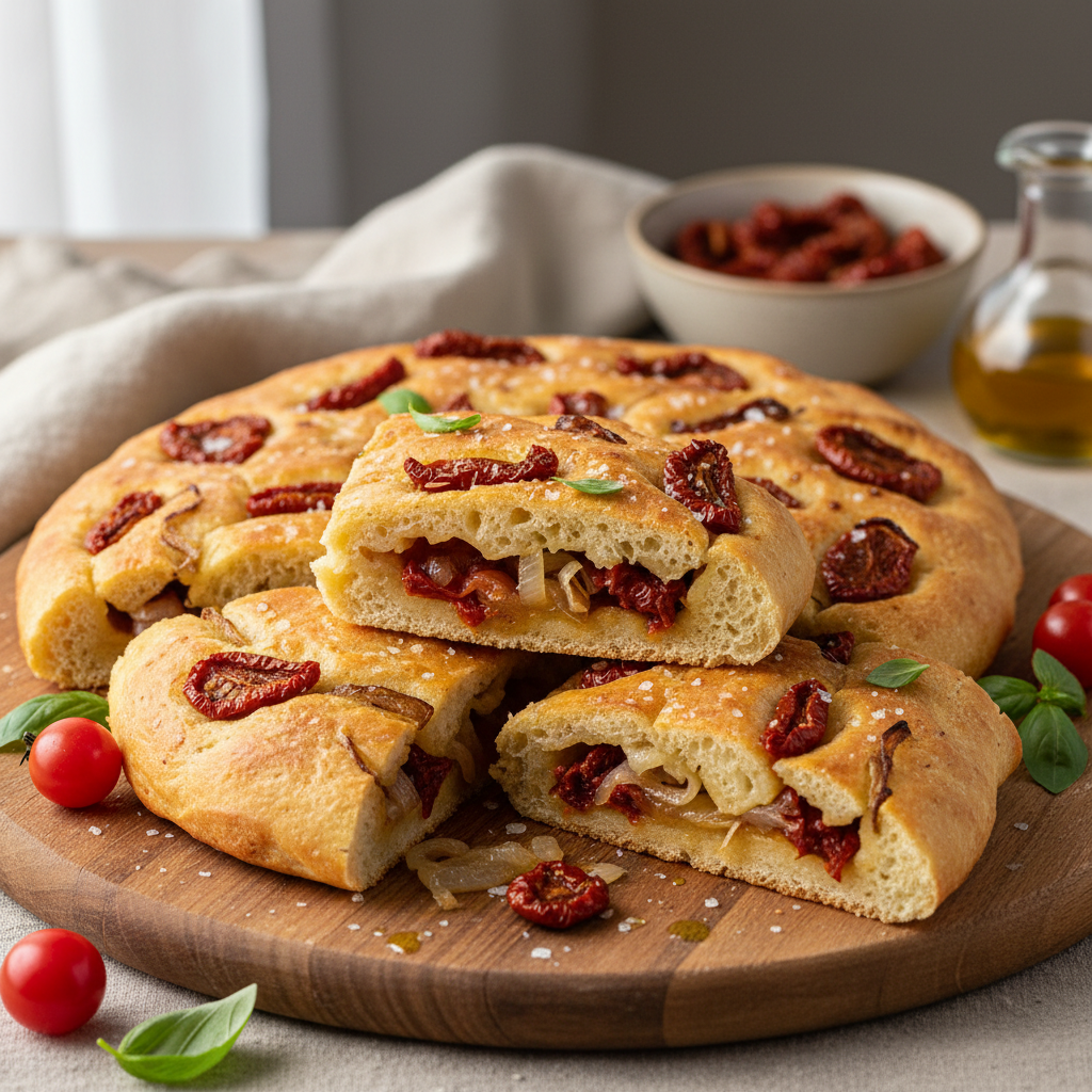 Focaccia farcie, tomates confites et oignons