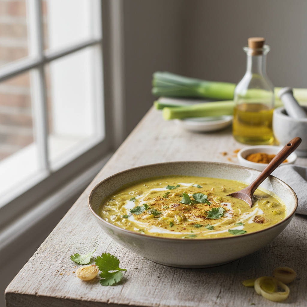 Fondue de poireaux au curry & lait de coco
