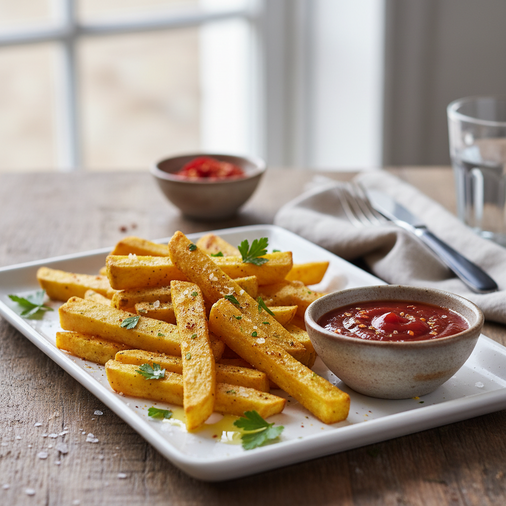 Frites épicées de panais & pommes de terre, ketchup maison