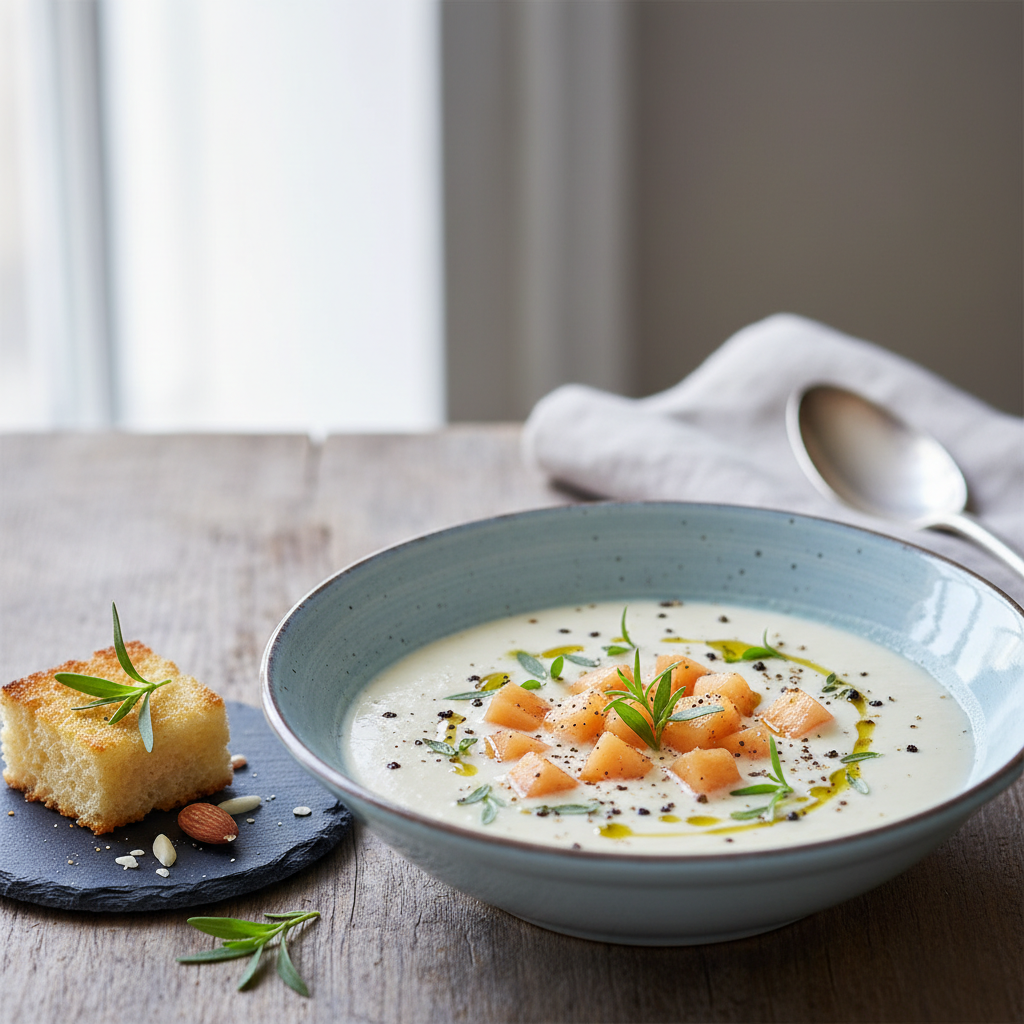 Gaspacho d’amandes douces au melon poivré