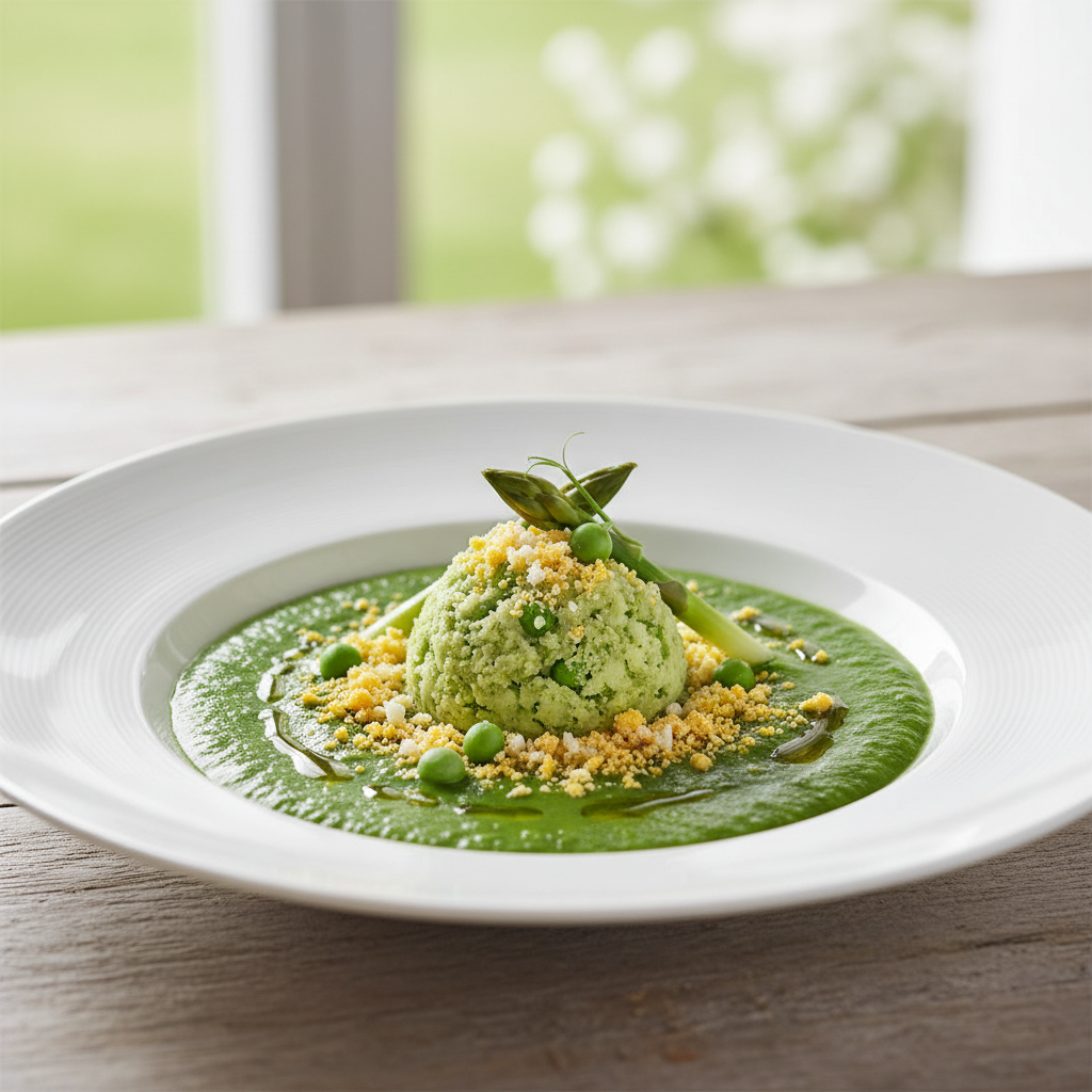 Gaspacho vert aux asperges et aux petits pois, granité de petits pois
