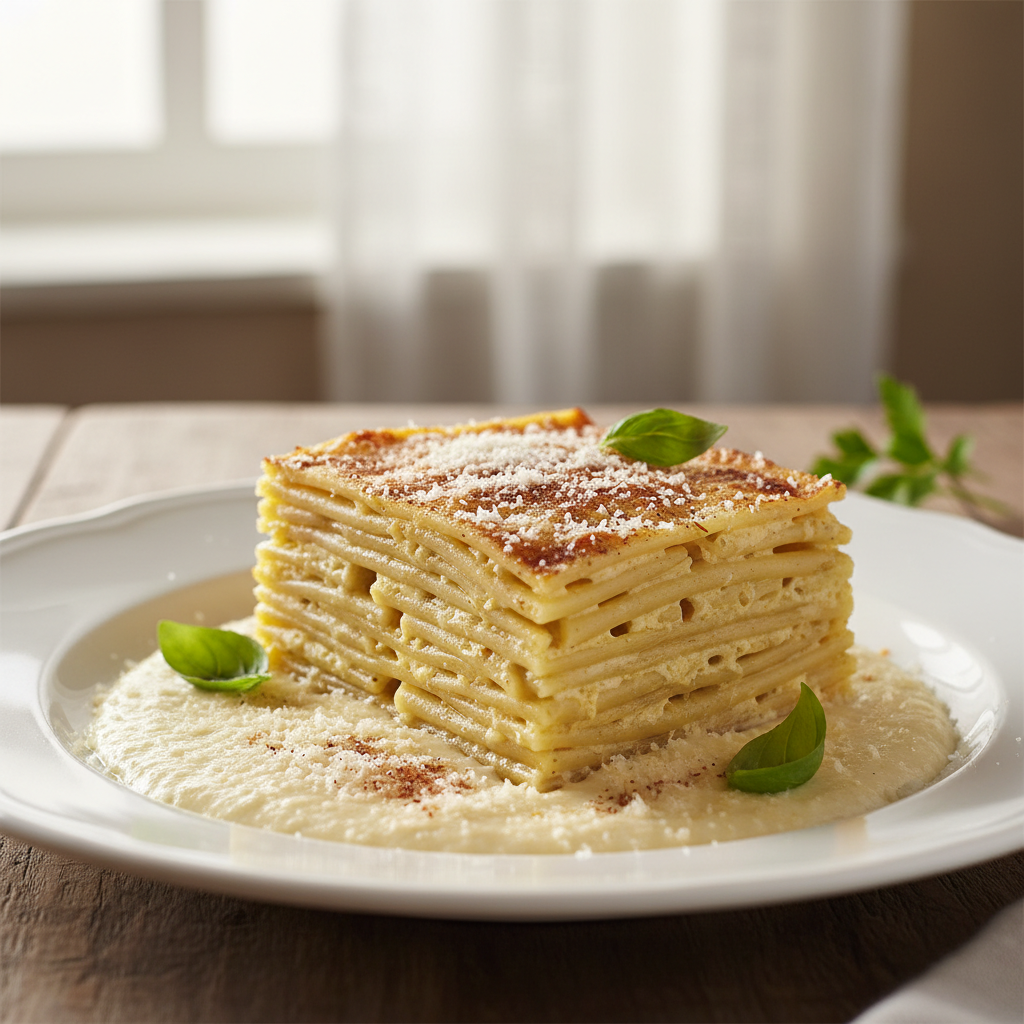 Gâteau de pâtes, crème de ricotta au parmigiano