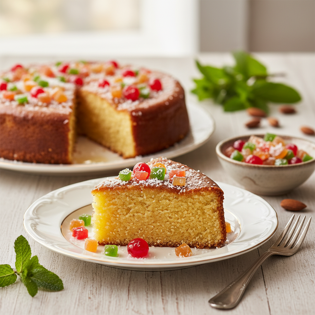 Gâteau de semoule aux fruits confits et noix de coco