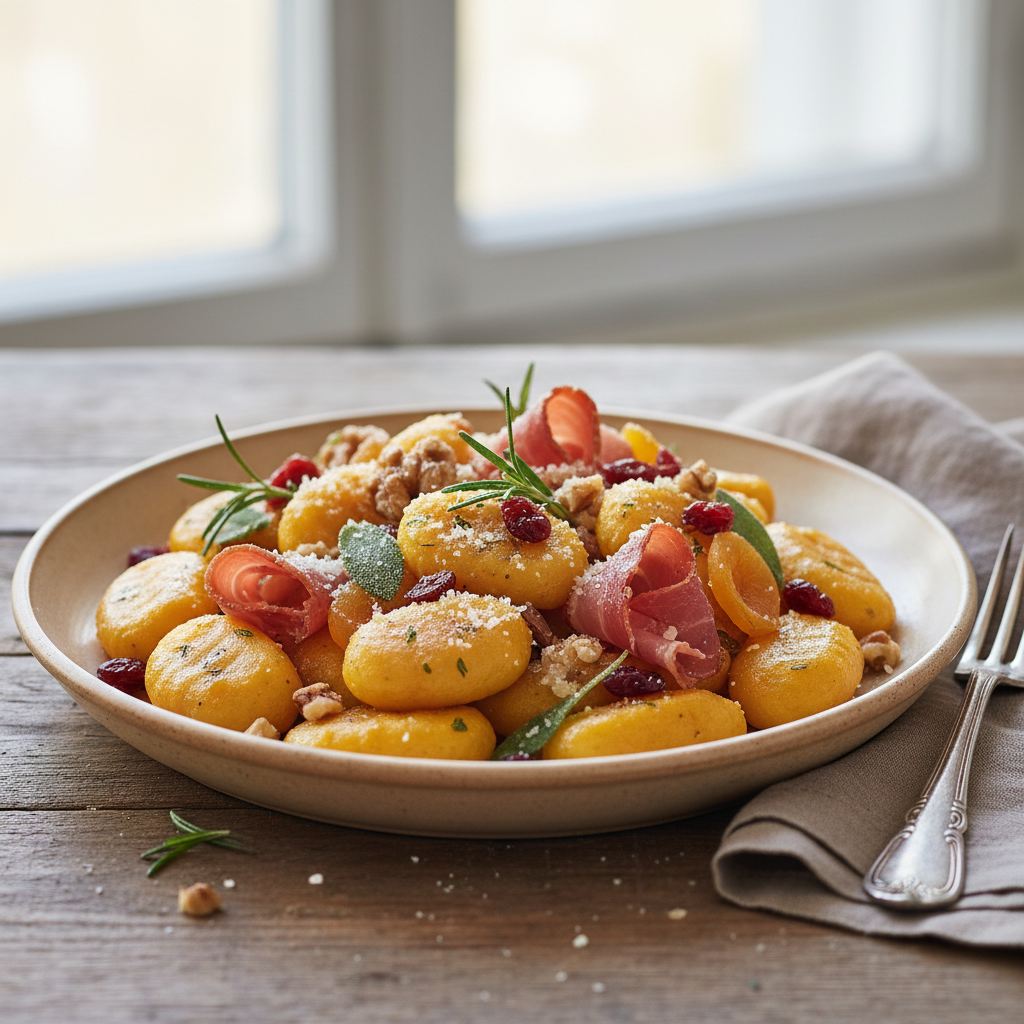 Gnocchi de courge, speck et fruits secs