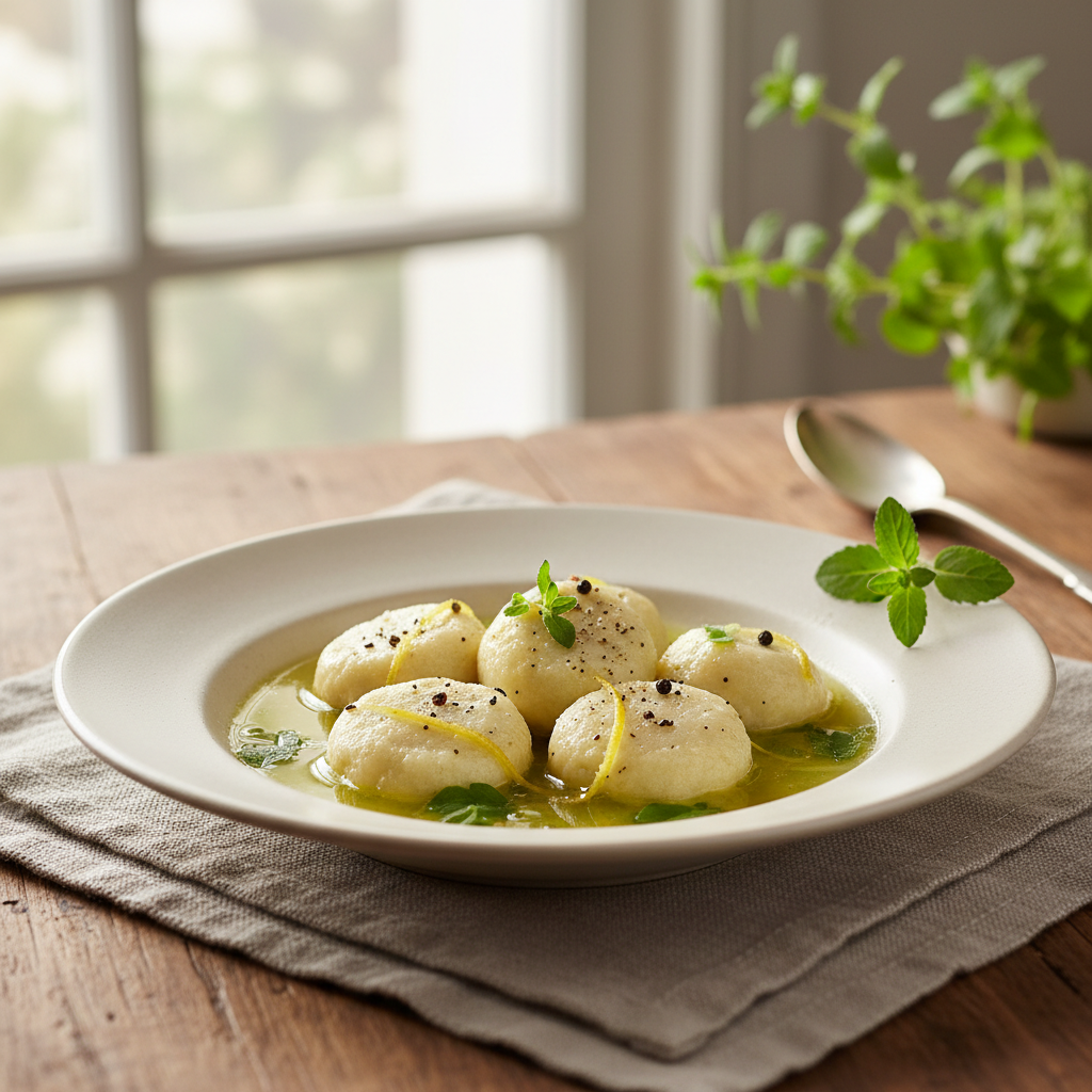Gnudi de ricotta en bouillon parfumé à la verveine, zeste de citron
