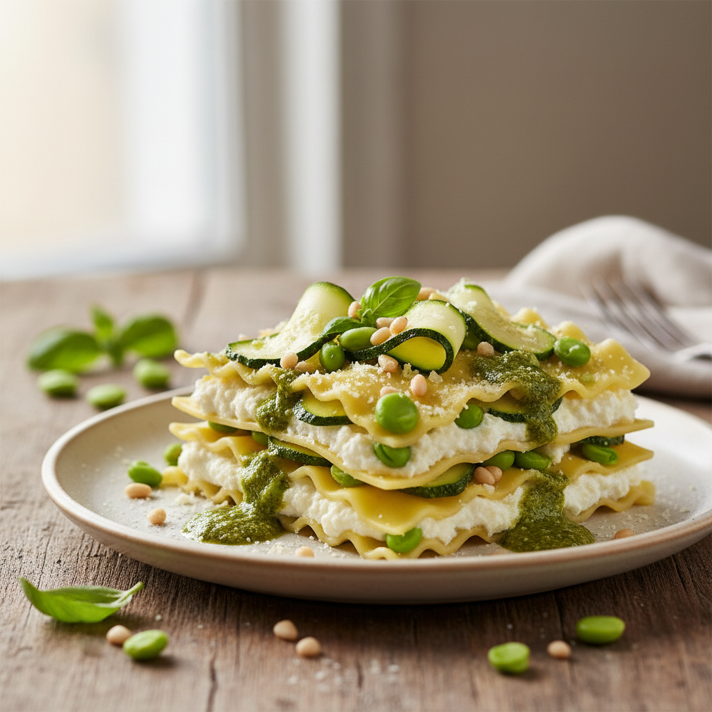 Lasagnes de printemps : courgettes confites, févettes et pesto de basilic
