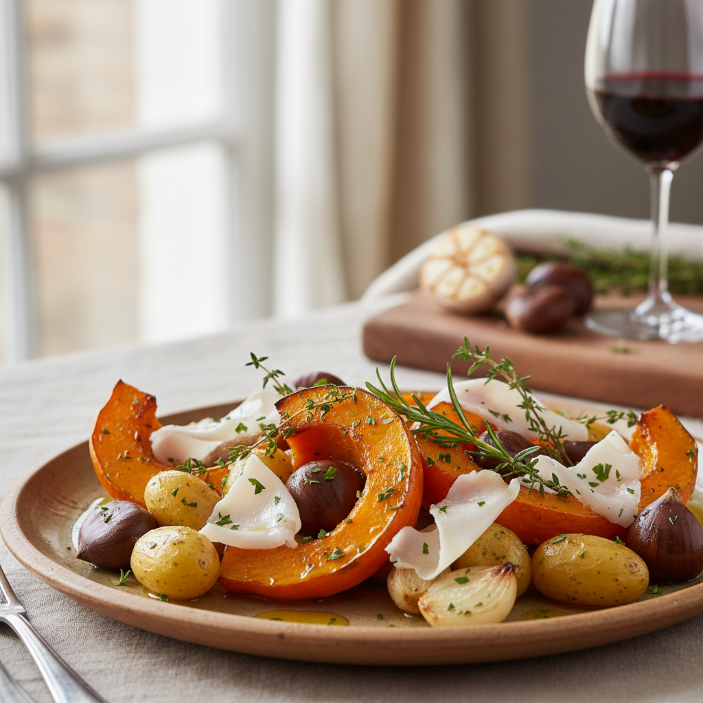 Légumes d'automne rôtis au four, au lard de Colonnata