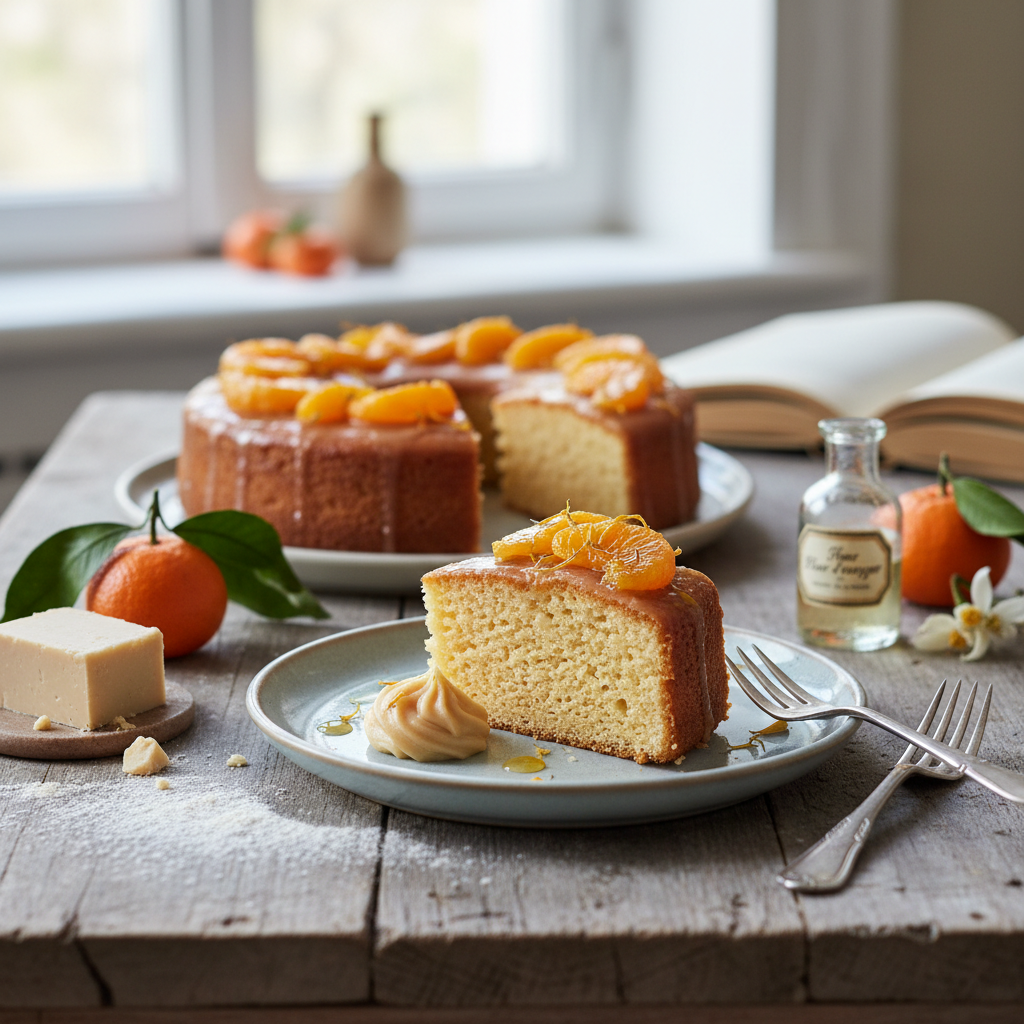 Ma génoise chic à la pâte d’amandes, mandarine et fleur d’oranger
