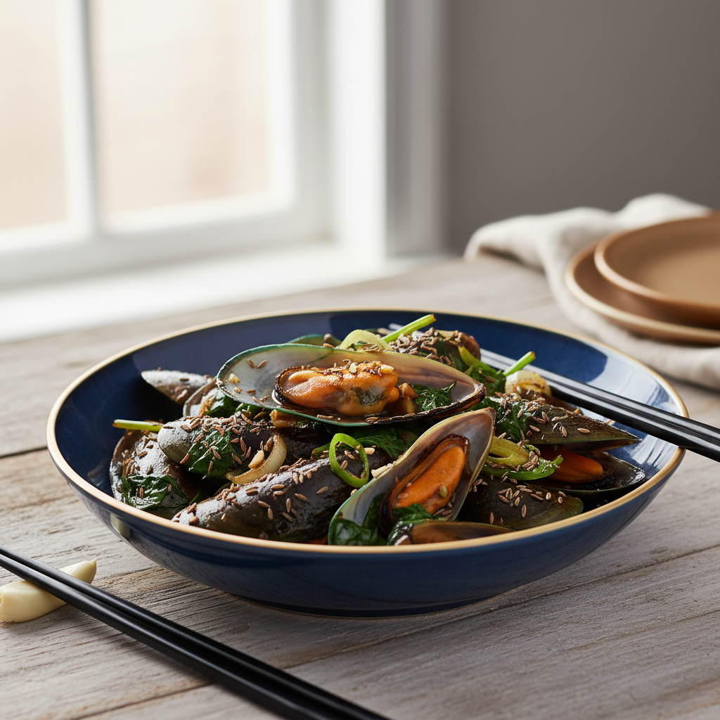 Moules à la sauce de soja noir et aux épinards