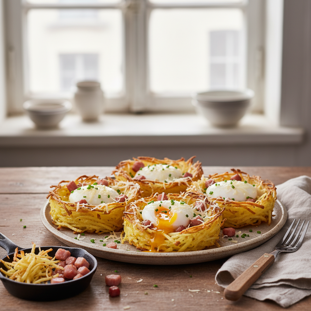 Nids de pommes de terre farcis à l’oeuf & lardons
