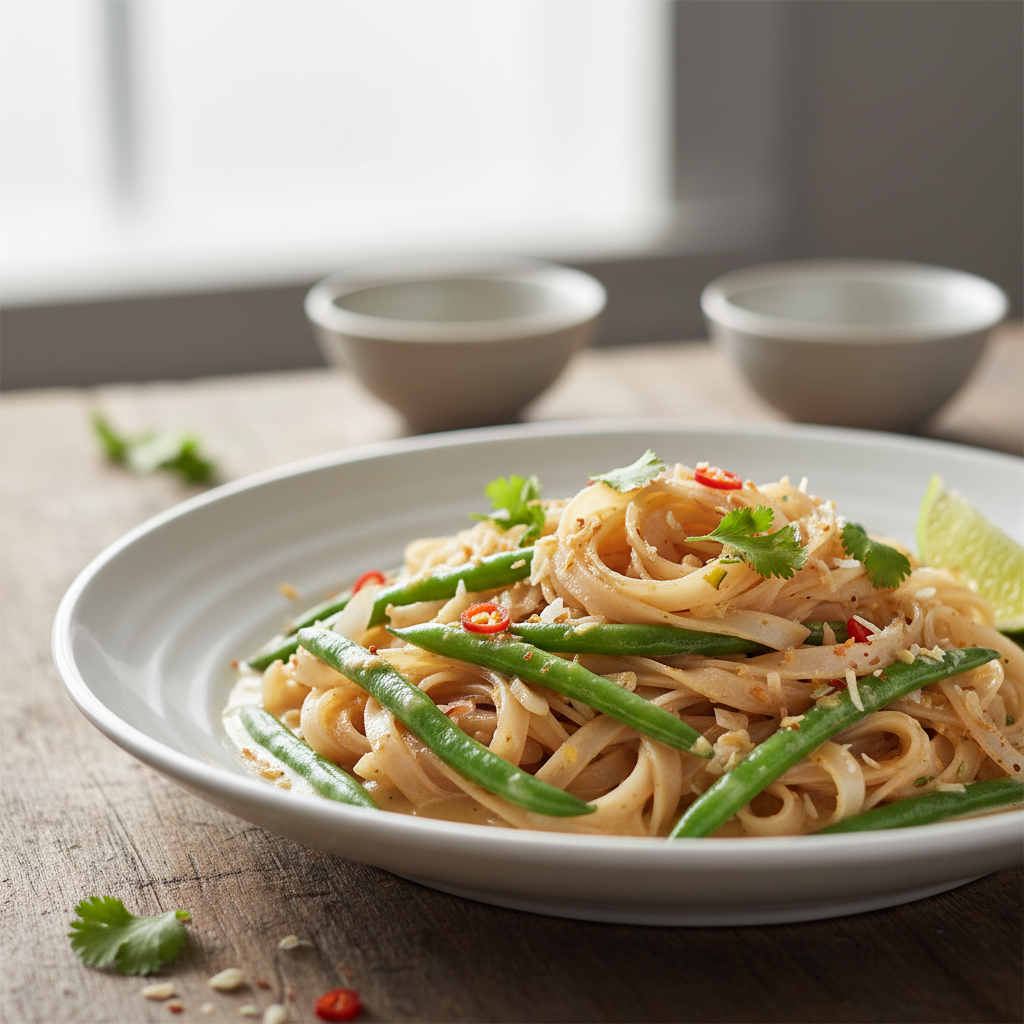 Nouilles de riz sautées aux haricots verts et à la sauce à la noix de coco