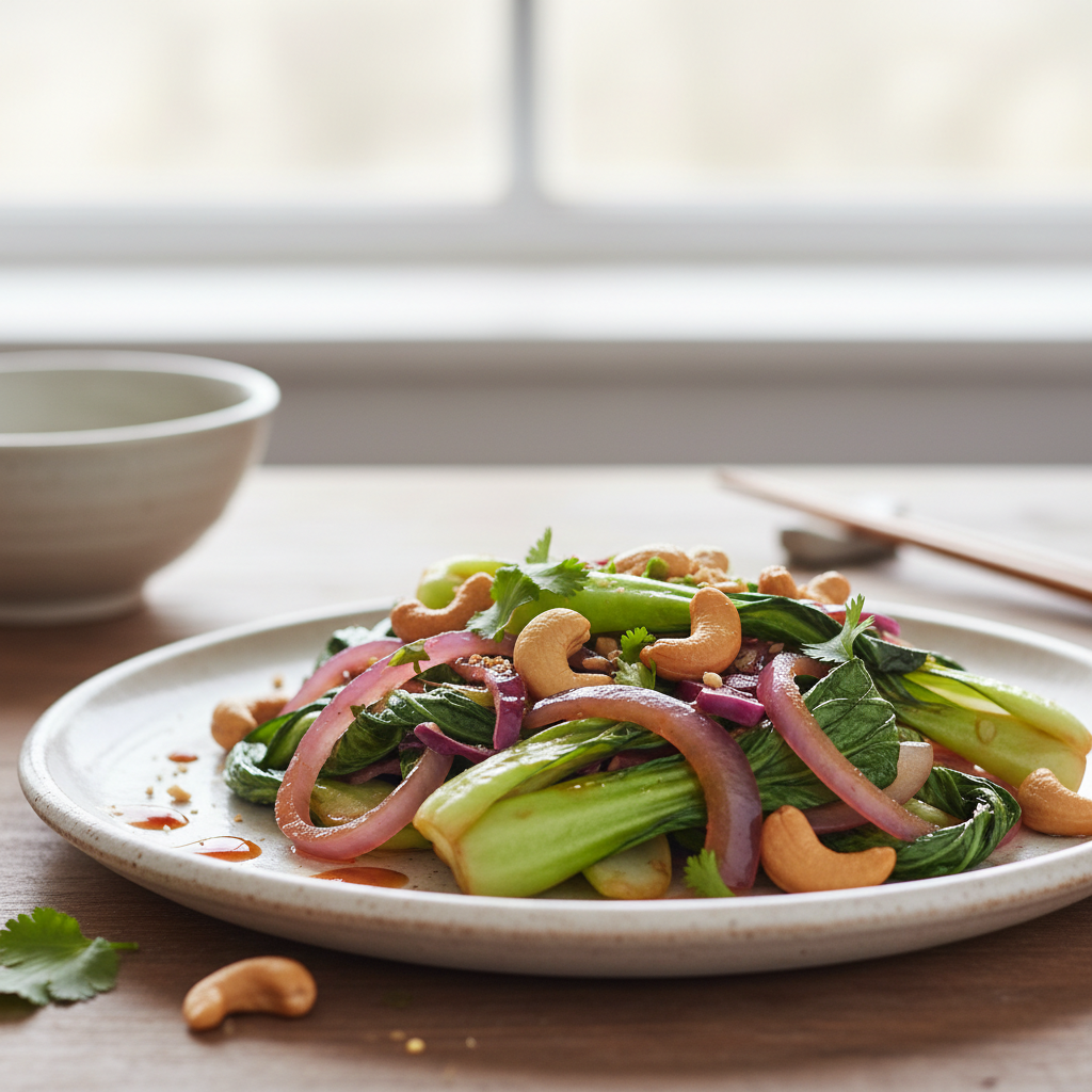 Pak-choi sauté à l'oignon rouge et aux noix de cajou