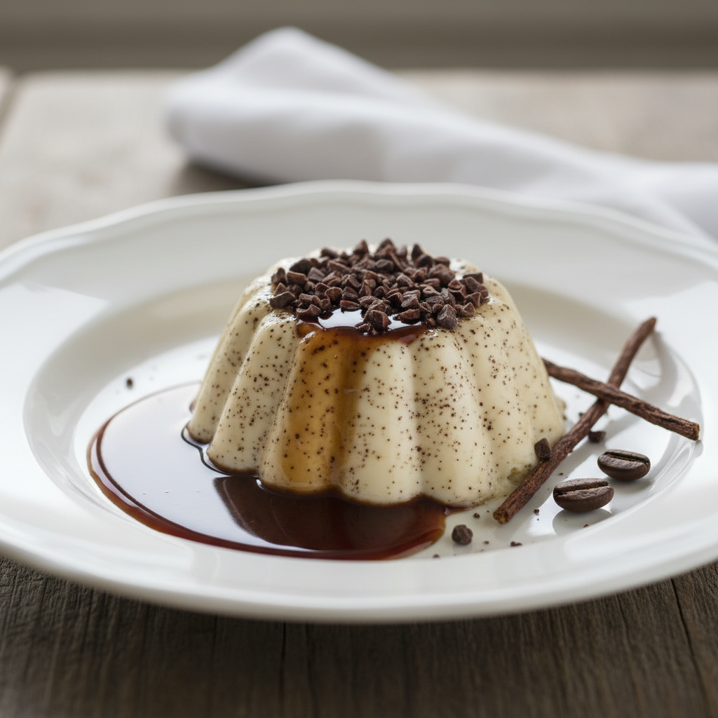 Panna cotta à la réglisse, sirop de café, grué de cacao