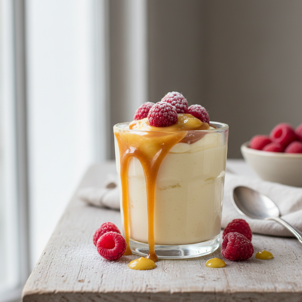 Panna cotta au citron, framboises et caramel