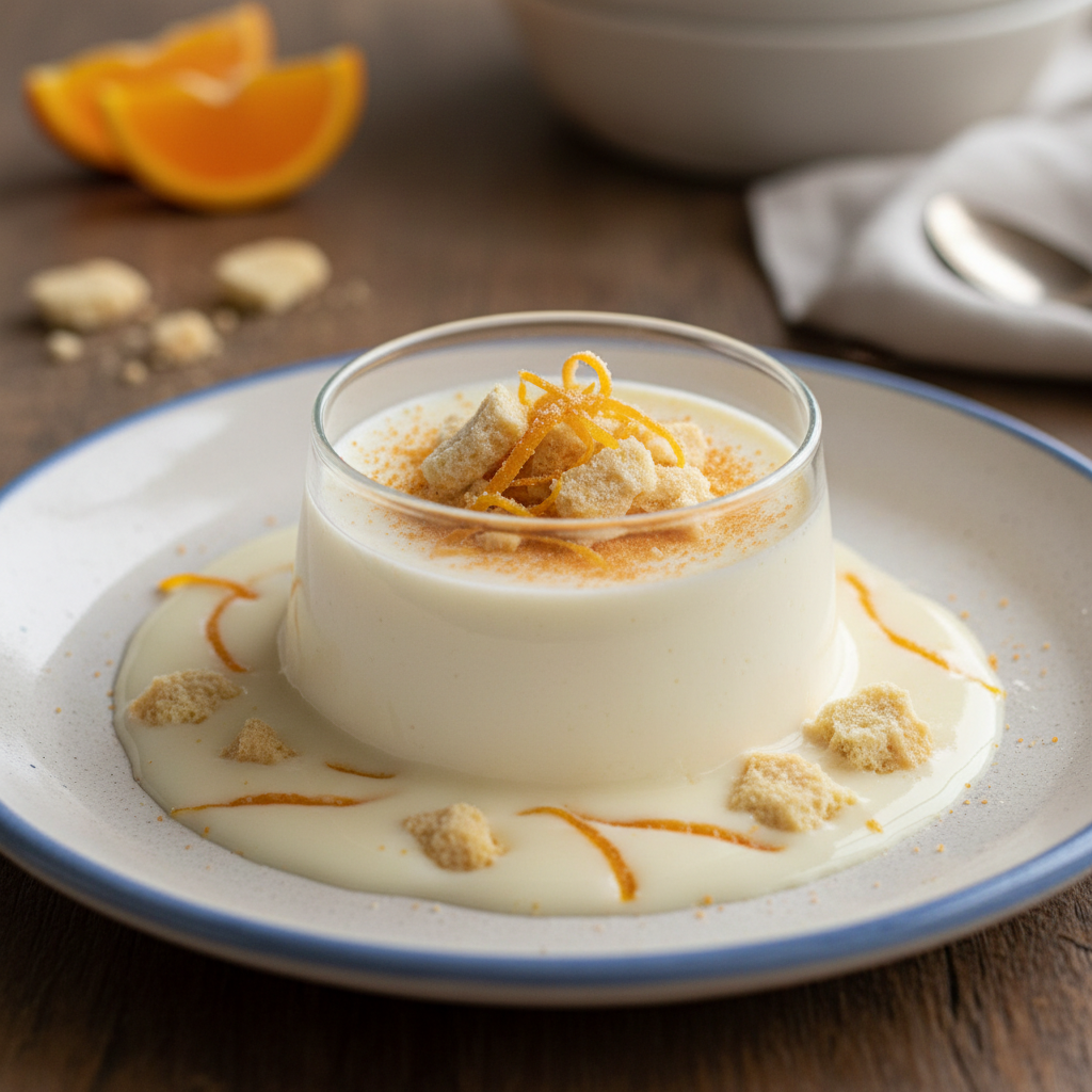 Panna cotta au sirop d’orgeat, sucre d’orange et amaretti