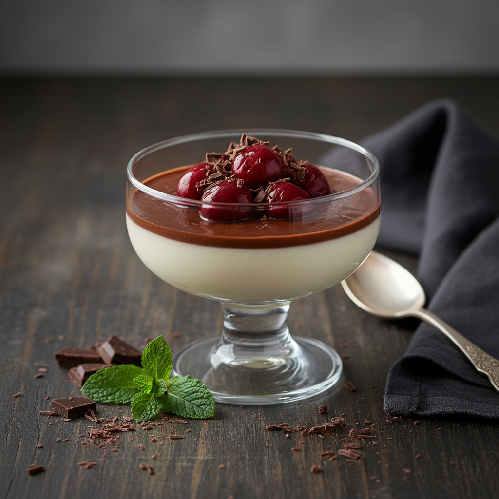 Panna cotta comme une Forêt-Noire, chocolat et cerise