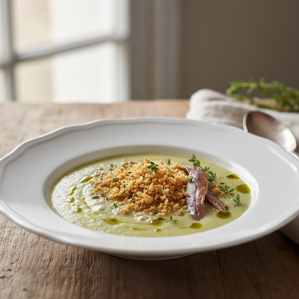 Petite soupe d'artichauts, chapelure parfumée à l'anchois