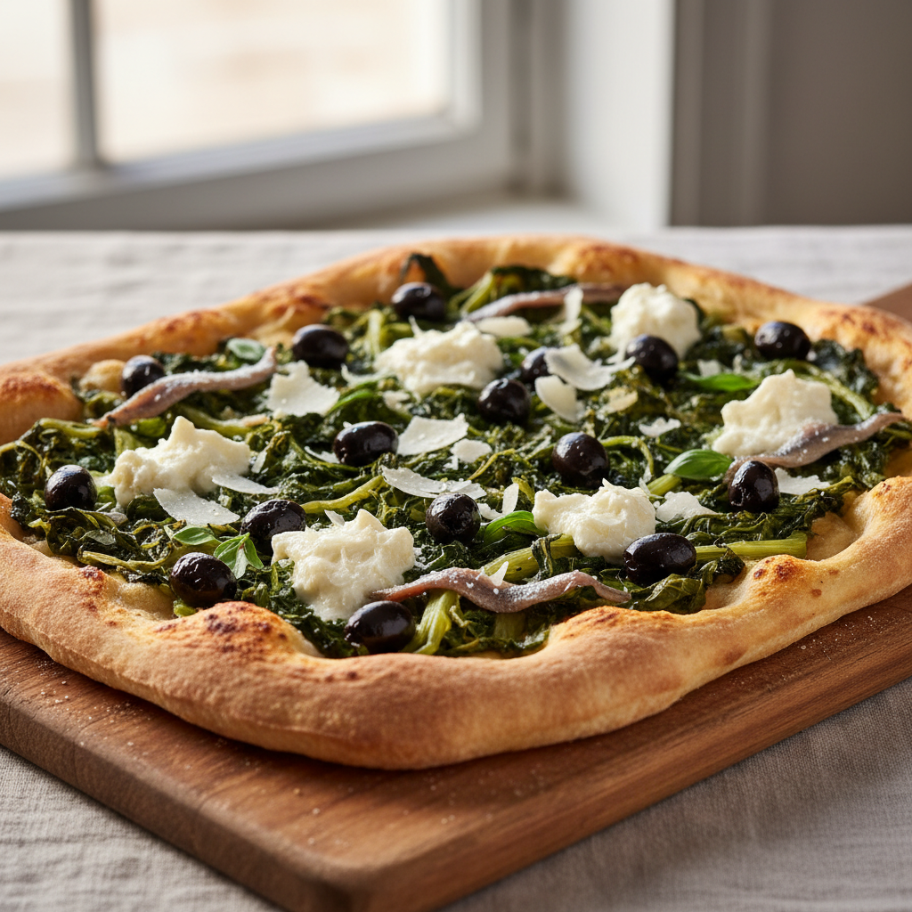 Pizza à la scarole frisée, provola de bufflonne, olives noires, anchois de Cetara, pecorino de Lauticada