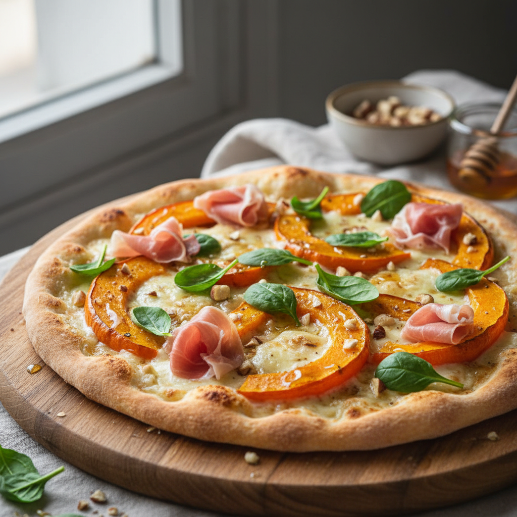 Pizza au potimarron, scamorza fumée, jambon et pousses d’épinards