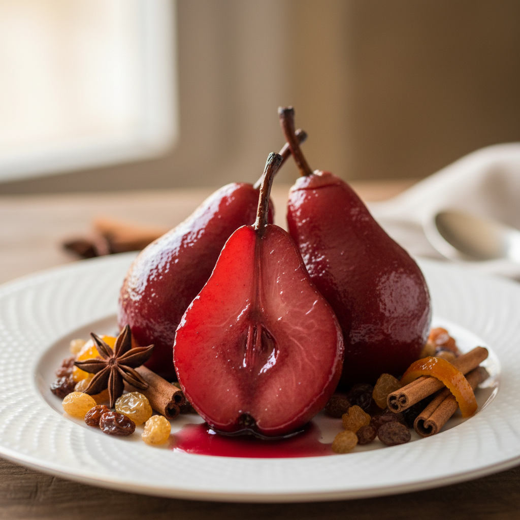 Poires au vin rouge de Campanie, fruits secs et épices