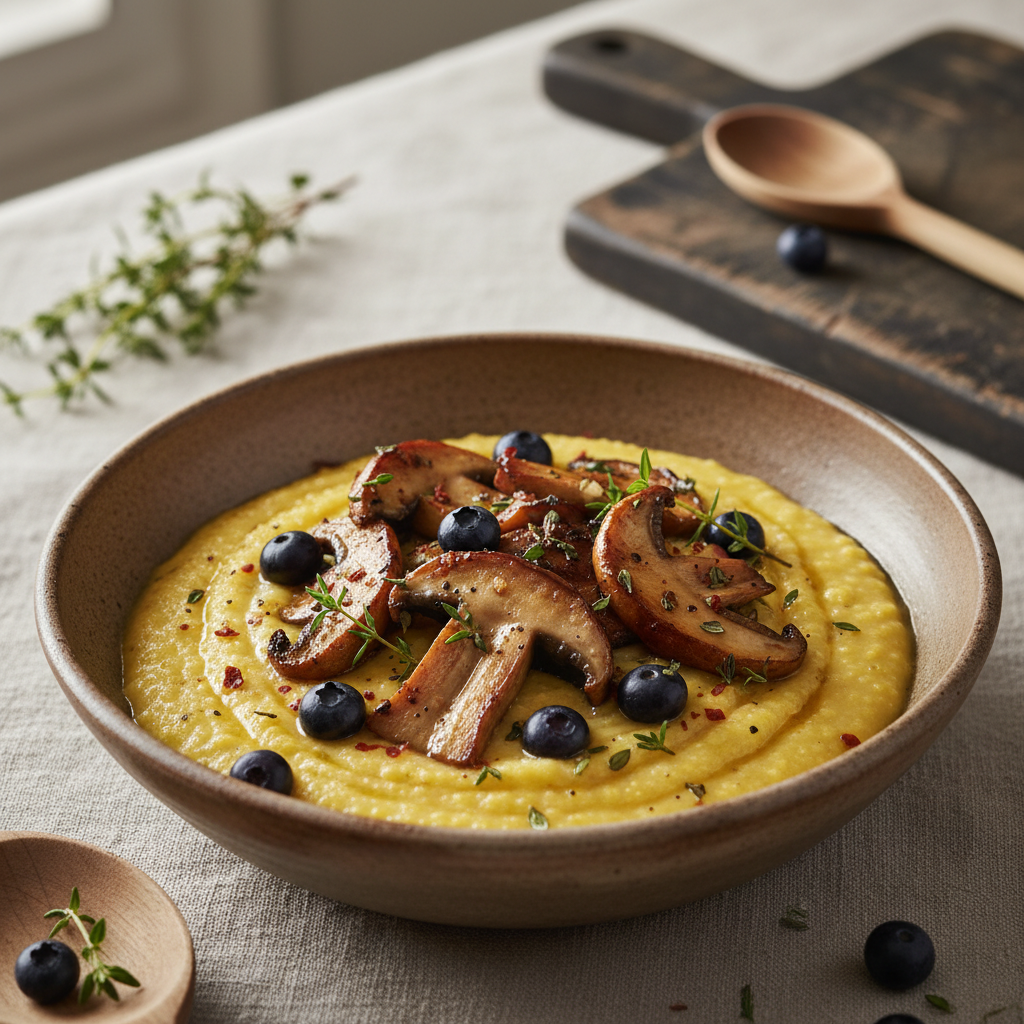 Polenta aux cèpes, myrtilles et thym