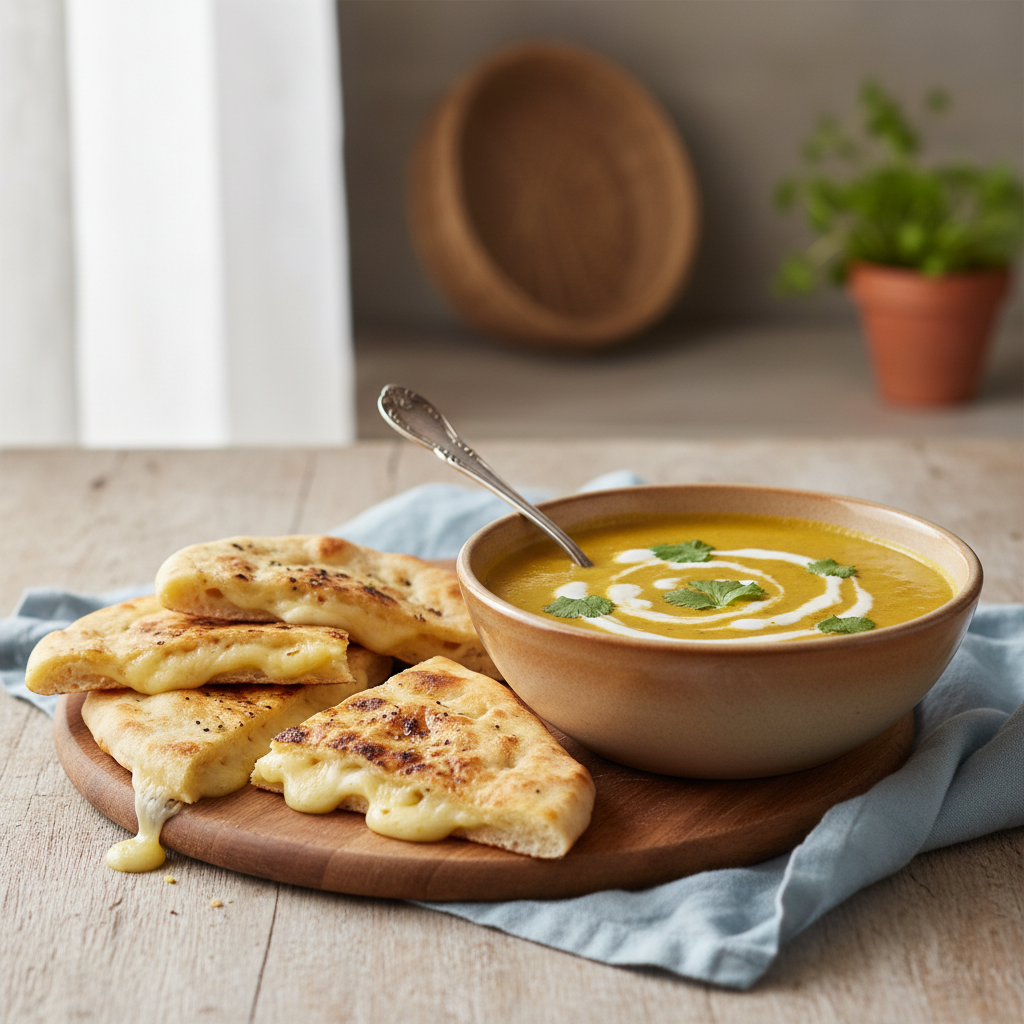 Potage à l'indienne, naans au fromage