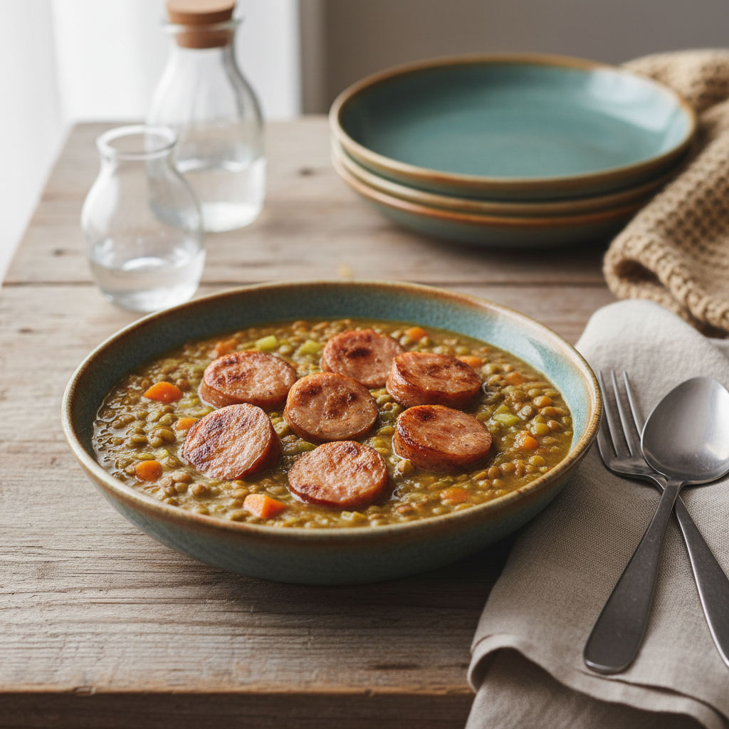 Potage de lentilles aux saucisses grillées