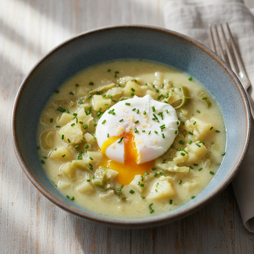 Potage de poireaux-pommes de terre et oeuf poché