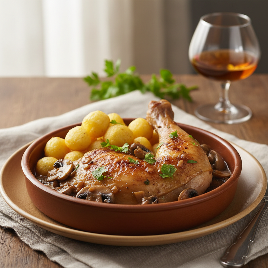 Poulet chasseur, pommes noisettes