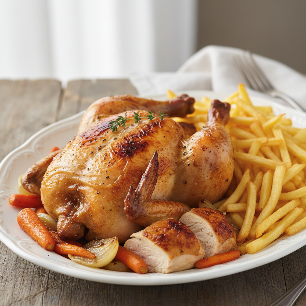 Poulet rôti, pommes allumettes