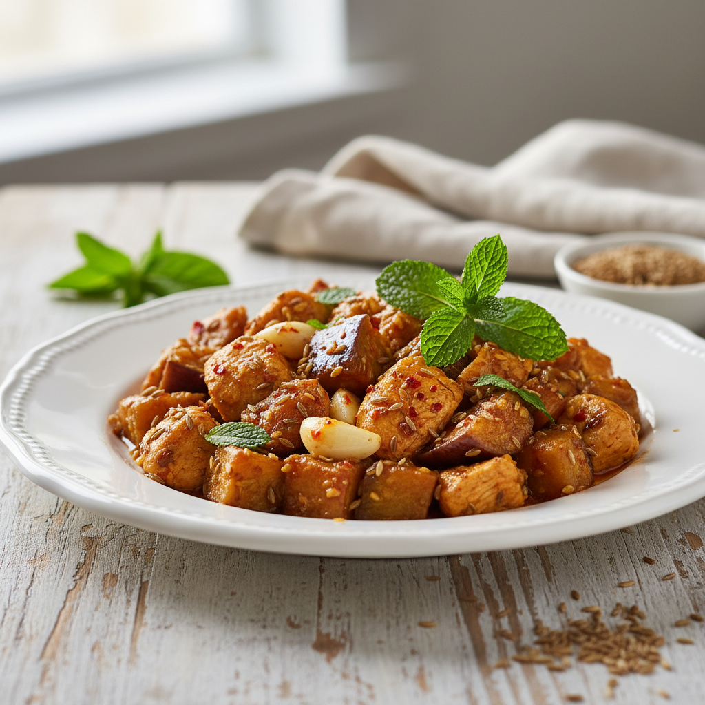 Poulet sauté aux grains de cumin et aux aubergines