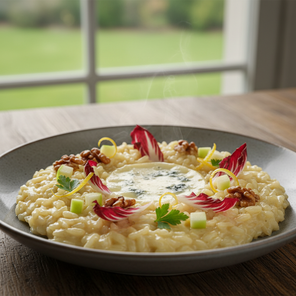 Risotto à la pomme et aux noix, coeur fondant de gorgonzola
