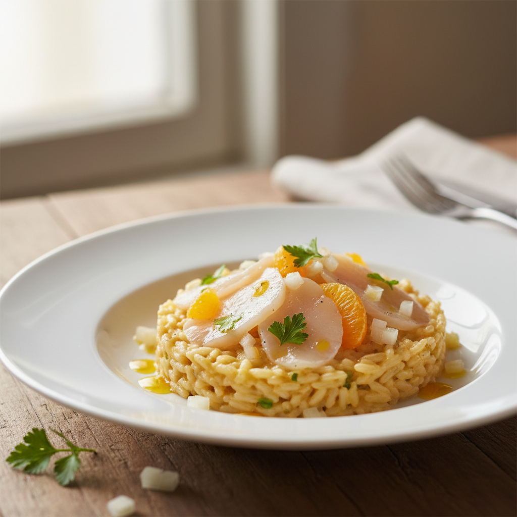 Risotto à la vanille, carpaccio de noix de Saint-Jacques