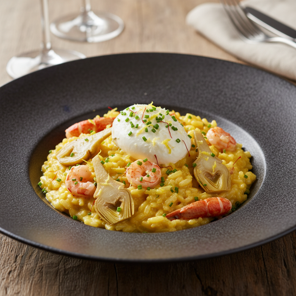 Risotto aux artichauts, écrevisses et stracciatella