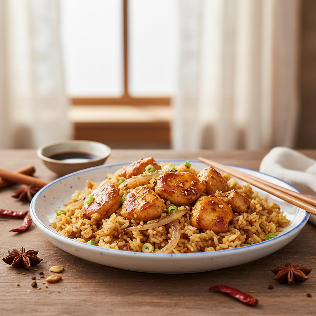 Riz sauté aux oignons et poulet aux cinq épices