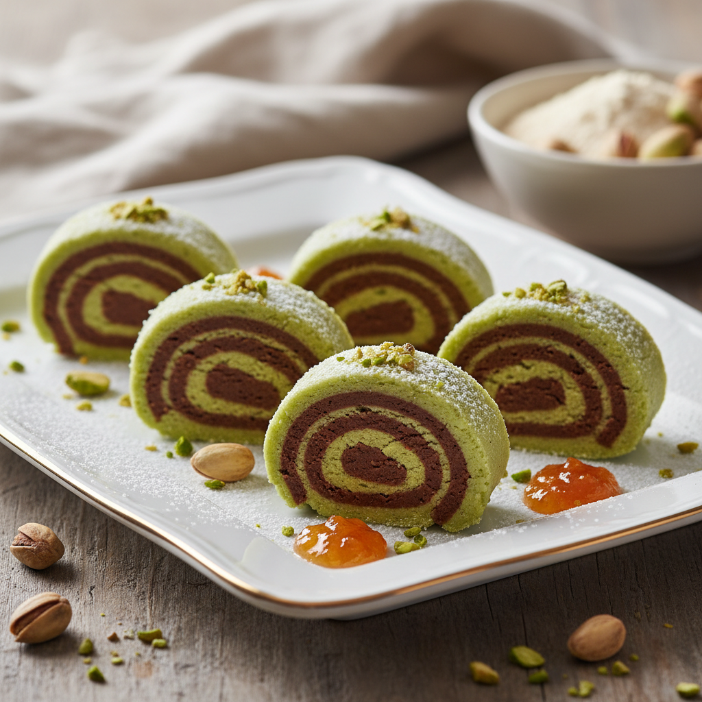 Roulés de pâte d’amandes cacao et pistaches