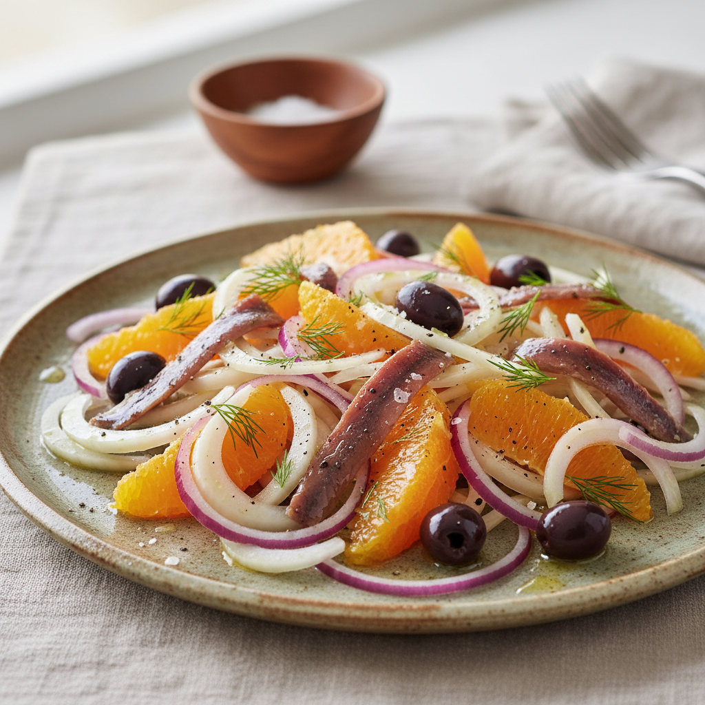 Salade d’orange, olives noires et oignon