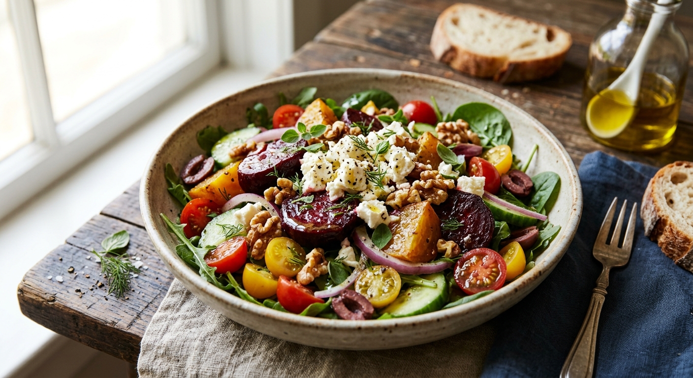 Salade de betteraves rôties, feta et noix