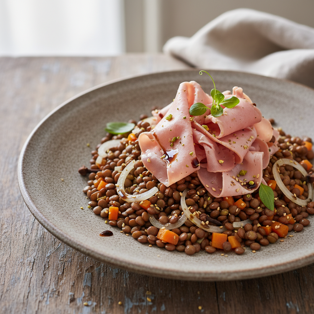 Salade tiède de lentilles, chiffonnade de mortadelle pistachée