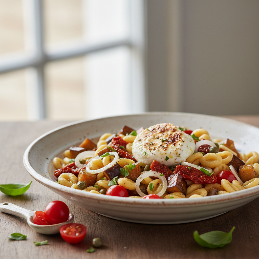 Salade tiède d’orecchiette à l’aubergine confite et ricotta