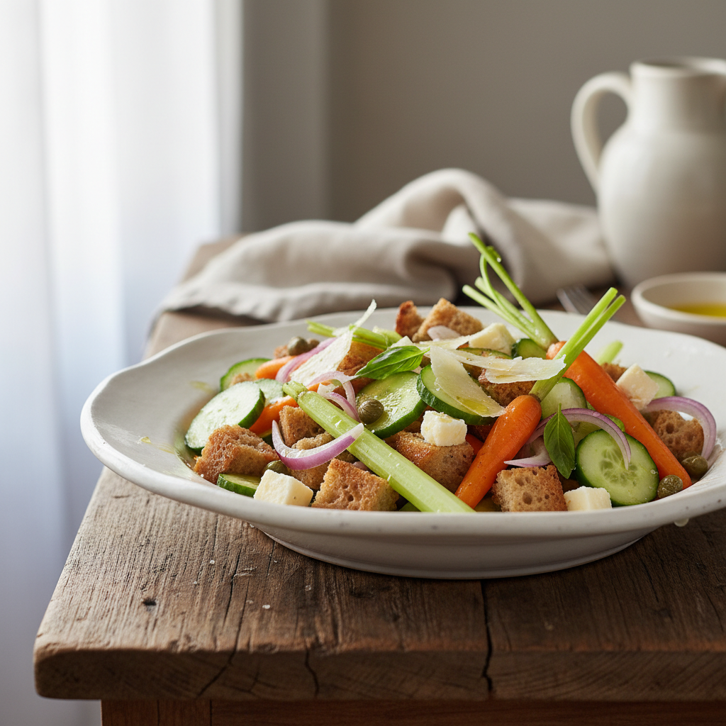 Salade toscane très aromatique aux légumes d’été, pain et pecorino