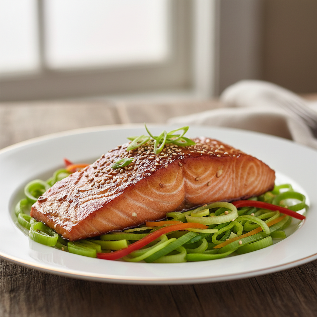Saumon sauté teriyaki aux poireaux croquants