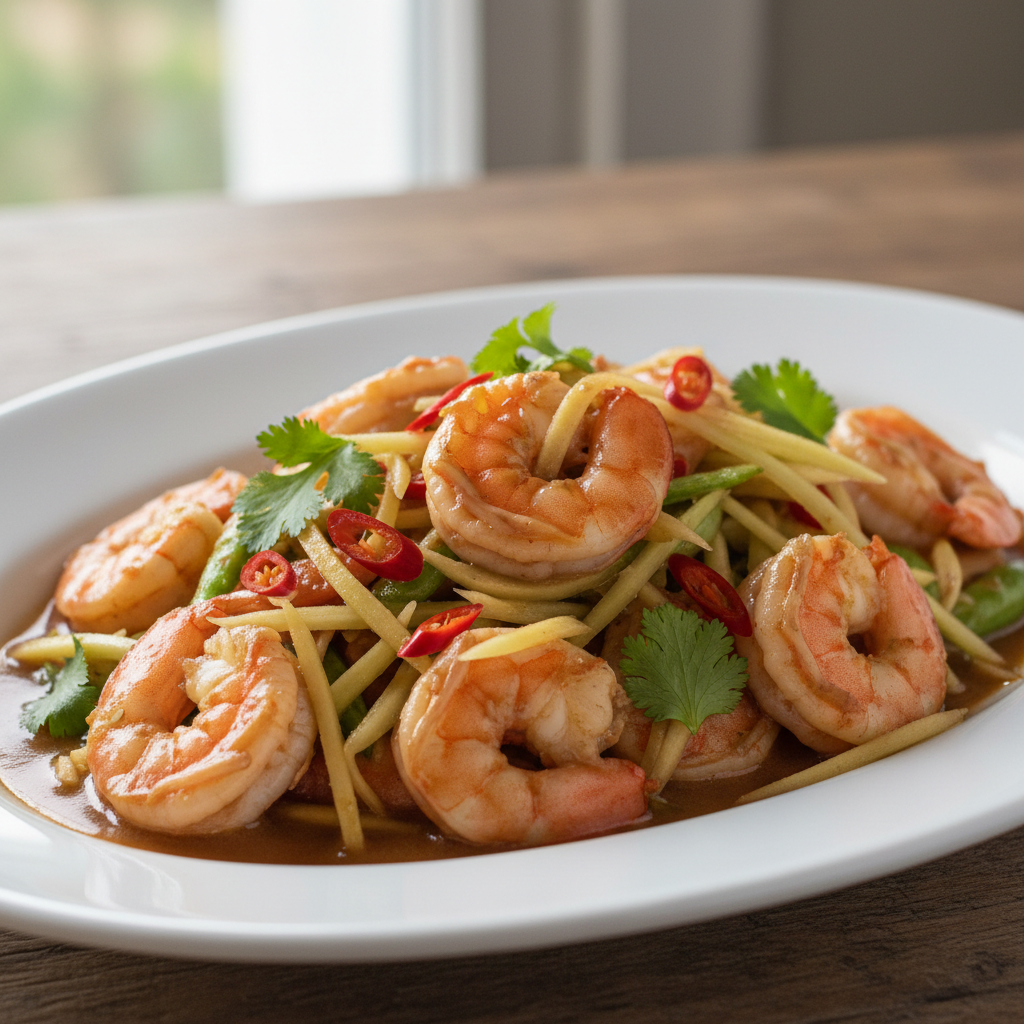 Sauté de Crevettes à la papaye verte et au gingembre