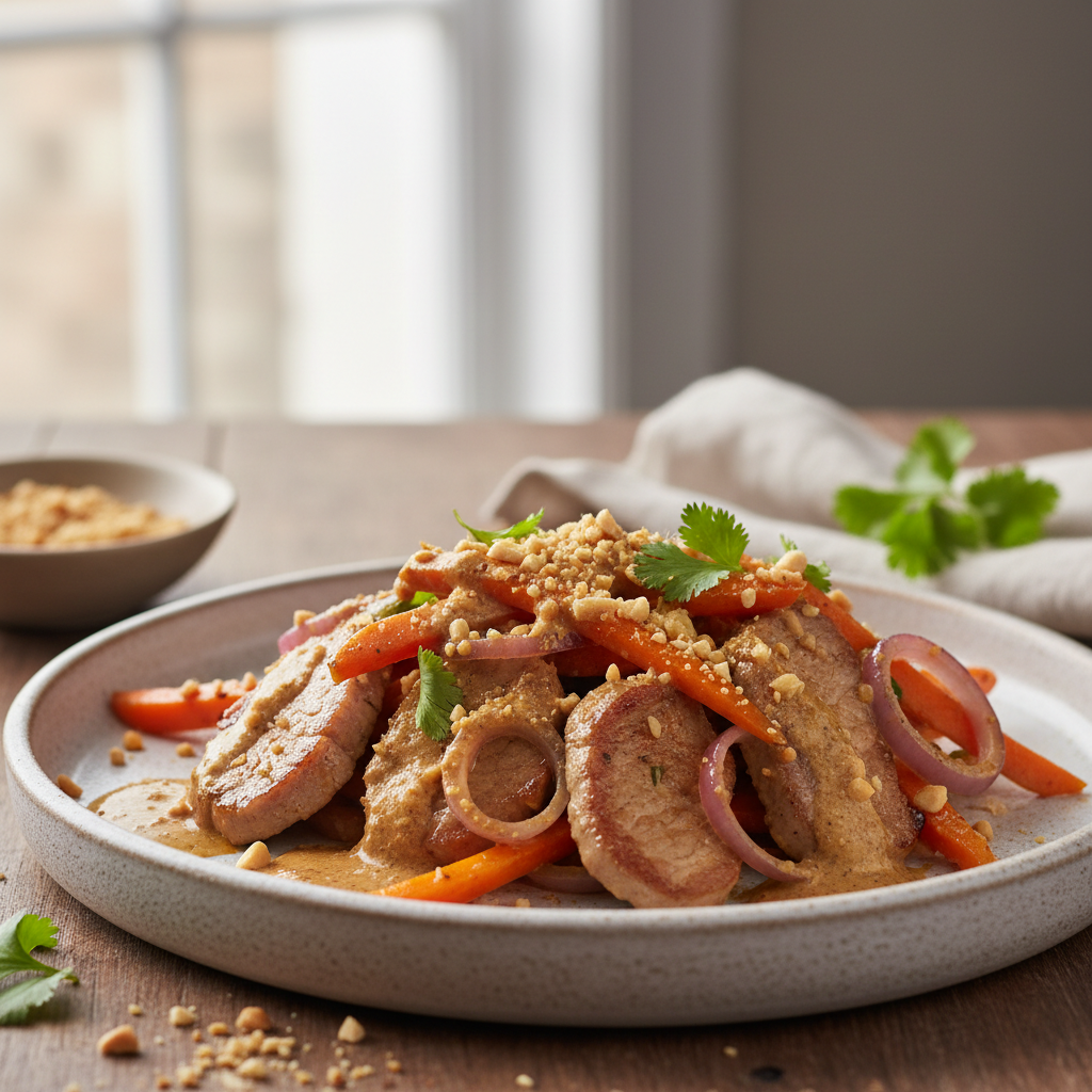 Sauté de filet de porc à la sauce satay croquante