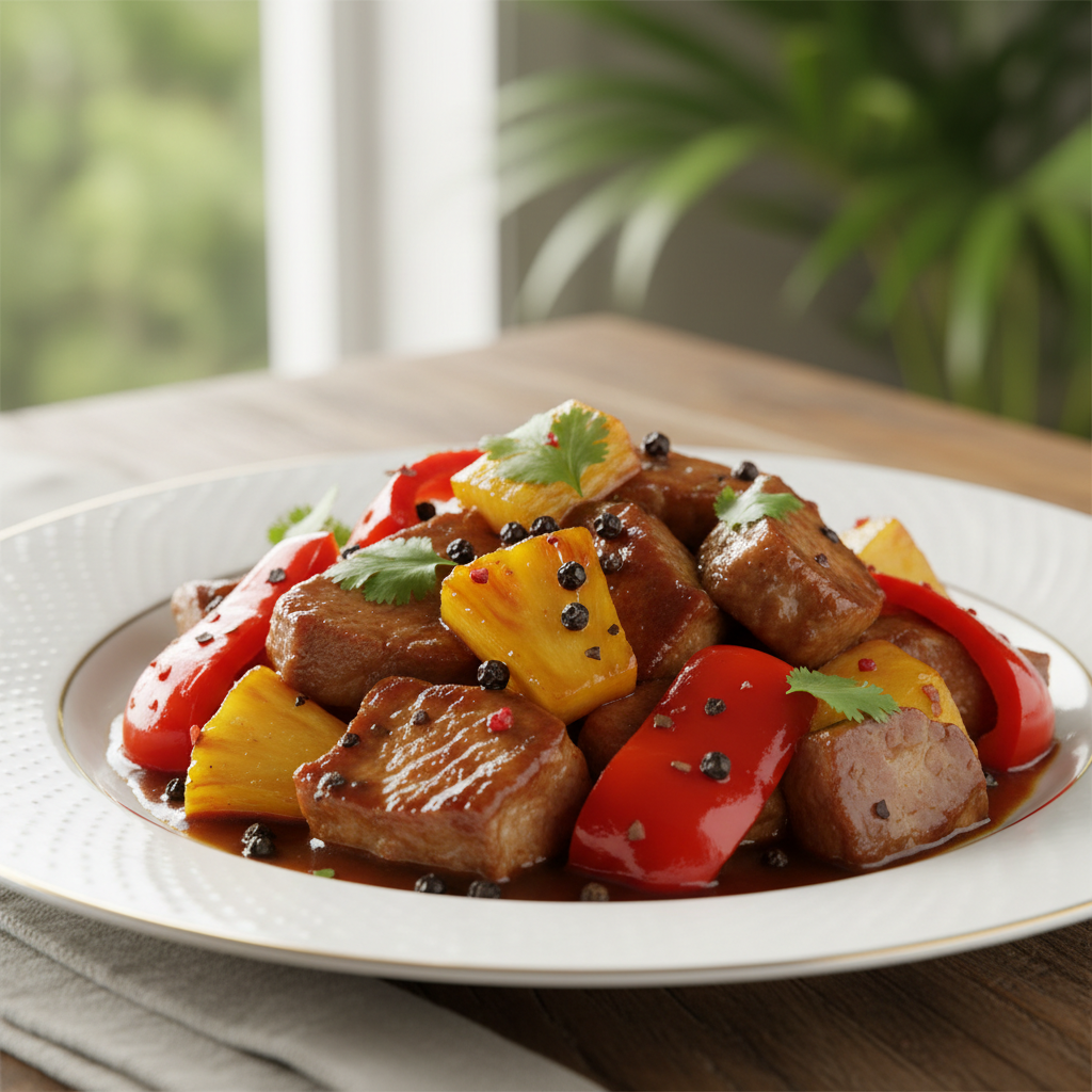 Sauté de porc aux ananas et aux gros piments