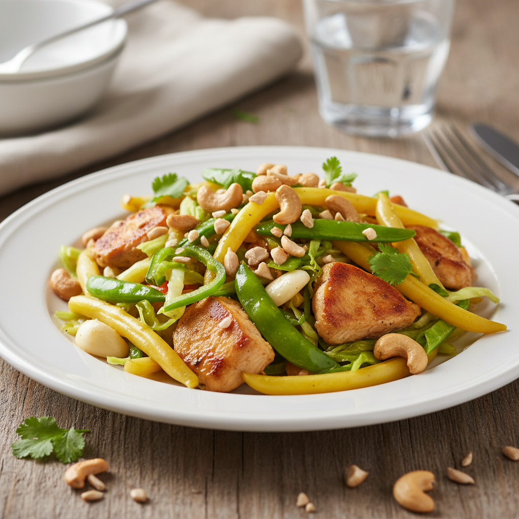 Sauté de poulet, de jeune chou et de haricots jaunes